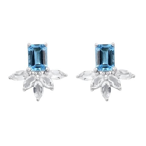 Studded Sterling Silver Earring With Rhodium Plating And Swiss Blue Topaz, White Topaz Gemstones. - Fashion Apparel 
