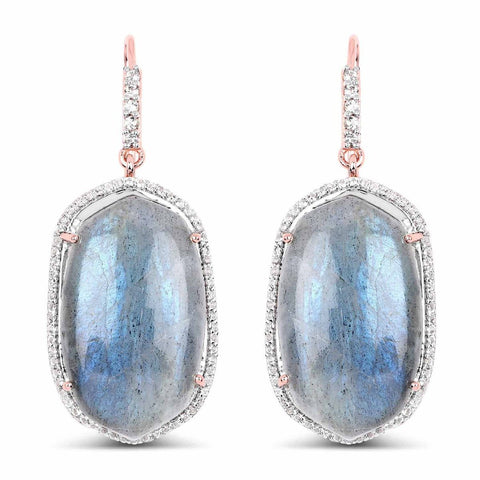 14K Rose Gold Plated 28.08 Carat Genuine Labradorite And White Topaz .925 Sterling Silver Earrings - Fashion Apparel 