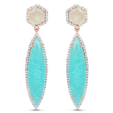 14K Rose Gold Plated 17.14 Carat Genuine Amazonite, Prehnite And White Topaz .925 Sterling Silver Earrings - Fashion Apparel 