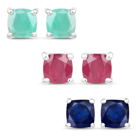 3.60 Carat Emerald, Glass Filled Ruby and Glass Filled Sapphire .925 Sterling Silver Earrings - Fashion Apparel 