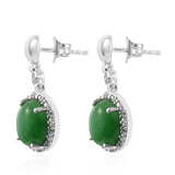 Sterling Silver Earring With Rhodium Plating And Green Jade, Natural White Zircon Gemstones - Fashion Apparel 