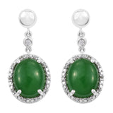 Sterling Silver Earring With Rhodium Plating And Green Jade, Natural White Zircon Gemstones - Fashion Apparel 