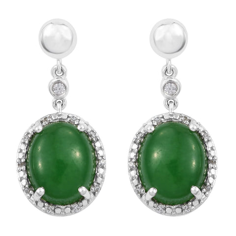Sterling Silver Earring With Rhodium Plating And Green Jade, Natural White Zircon Gemstones - Fashion Apparel 