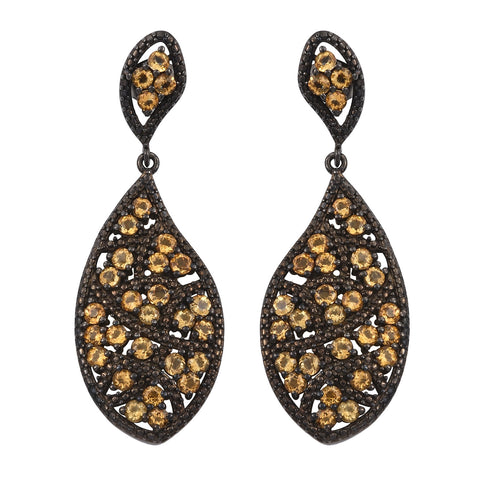 Black Ruthenium Plated Sterling Silver Drop Earring With Citrine Gemstones. - Fashion Apparel 