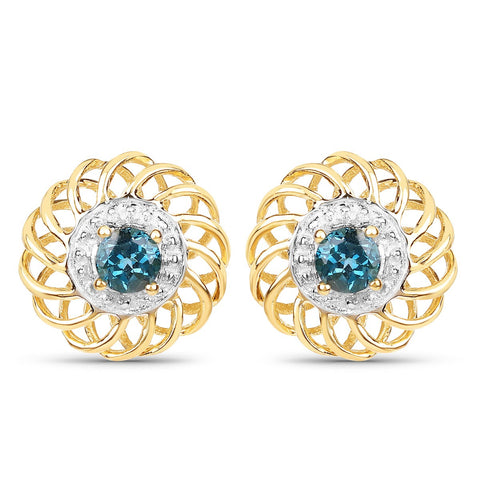 14K Yellow Gold Plated 0.64 Carat Genuine London Blue Topaz .925 Sterling Silver Earrings - Fashion Apparel 