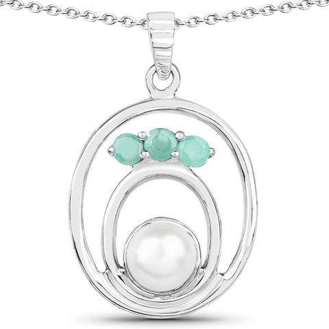 2.25 Carat Genuine Pearl and Emerald .925 Sterling Silver Pendant - Fashion Apparel 
