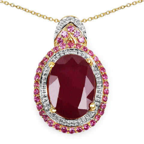 14K Yellow Gold Plated 8.87 Carat Glass Filled Ruby and Ruby .925 Sterling Silver Pendant - Fashion Apparel 