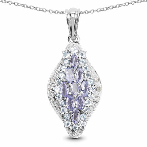2.15 Carat Genuine Tanzanite, Blue Topaz and White Diamond .925 Sterling Silver Pendant - Fashion Apparel 