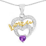 Two Tone Plated 0.44 Carat Genuine Amethyst and White Topaz .925 Sterling Silver Pendant - Fashion Apparel 