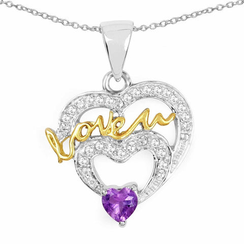 Two Tone Plated 0.44 Carat Genuine Amethyst and White Topaz .925 Sterling Silver Pendant - Fashion Apparel 