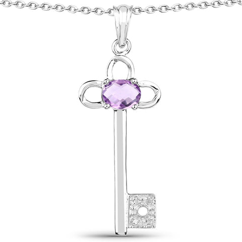 1.22 Carat Genuine Amethyst and White Diamond .925 Sterling Silver Pendant - Fashion Apparel 