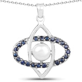 2.90 Carat Genuine Pearl and Blue Sapphire .925 Sterling Silver Pendant - Fashion Apparel 