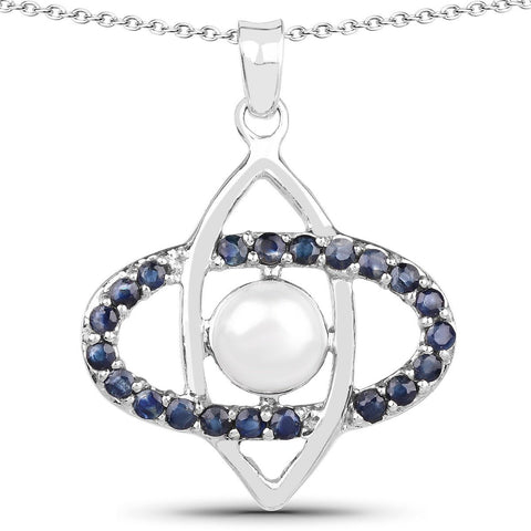 2.90 Carat Genuine Pearl and Blue Sapphire .925 Sterling Silver Pendant - Fashion Apparel 