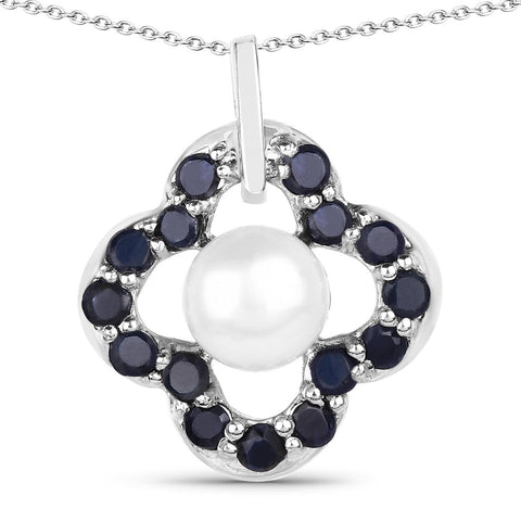 3.08 Carat Genuine Pearl and Blue Sapphire .925 Sterling Silver Pendant - Fashion Apparel 