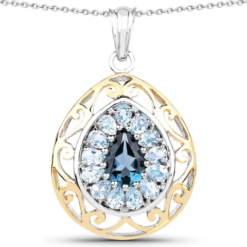 14K Yellow Gold Plated 4.44 Carat Genuine London Blue Topaz and Blue Topaz .925 Sterling Silver Pendant - Fashion Apparel 