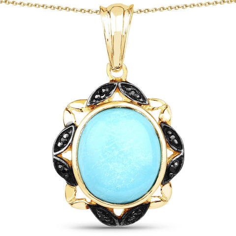 14K Yellow Gold Plated 7.33 Carat Genuine Turquoise and Black Spinel .925 Sterling Silver Pendant - Fashion Apparel 