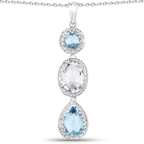 13.10 Carat Genuine Crystal Quartz and Blue Topaz .925 Sterling Silver Pendant - Fashion Apparel 