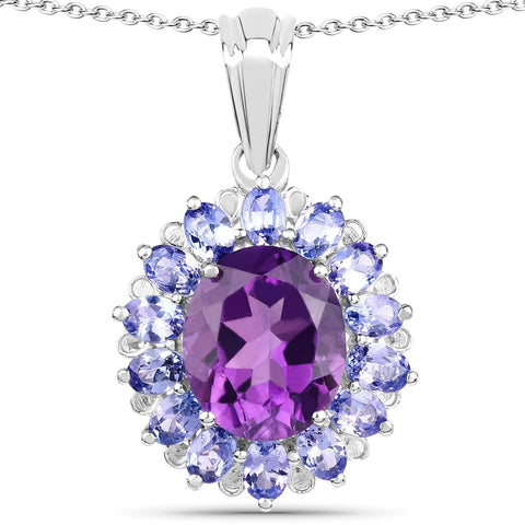 6.18 Carat Genuine Amethyst and Tanzanite .925 Sterling Silver Pendant - Fashion Apparel 