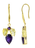 Tri Stoned Amethyst And Lemon  Quartz Drop Earrings Set In Yellow Gold - Fashion Apparel 