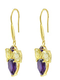 Tri Stoned Amethyst And Lemon  Quartz Drop Earrings Set In Yellow Gold - Fashion Apparel 