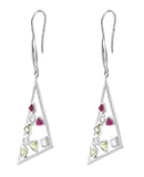 Berry Quartz And Peridot Studded Triangular Drop Earrings Set In Rhodium - Fashion Apparel 