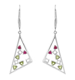 Berry Quartz And Peridot Studded Triangular Drop Earrings Set In Rhodium - Fashion Apparel 