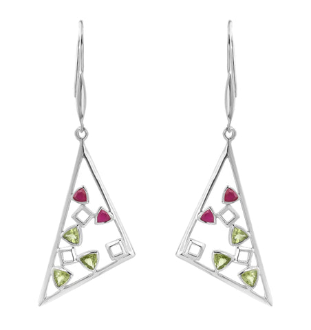 Berry Quartz And Peridot Studded Triangular Drop Earrings Set In Rhodium - Fashion Apparel 