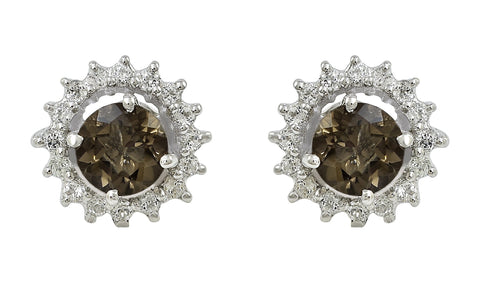 Smoky Quartz And White Topaz Stud Earrings Set In Rhodium - Fashion Apparel 