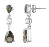 Smoky Quartz And White Topaz Drop Earrings Set In Rhodium - Fashion Apparel 