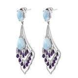 Rhodium Plated Drop Styled Sterling Silver Earring With Polished African Amethyst And  Larimar - Fashion Apparel 