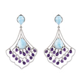 Rhodium Plated Drop Styled Sterling Silver Earring With Polished African Amethyst And  Larimar - Fashion Apparel 