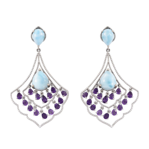 Rhodium Plated Drop Styled Sterling Silver Earring With Polished African Amethyst And  Larimar - Fashion Apparel 