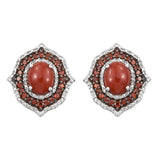 Red Jade Earrings With Red Garnet And Natural White Zircons Set In Rhodium - Fashion Apparel 