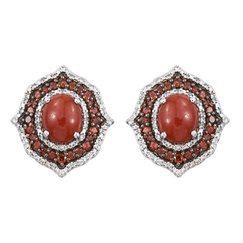 Red Jade Earrings With Red Garnet And Natural White Zircons Set In Rhodium - Fashion Apparel 