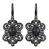 Black Ruthenium Plated Sterling Silver Earring With Polished Black Star Sapphire, Natural White Zircon Gemstones - Fashion Apparel 