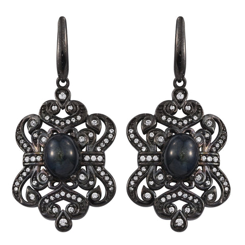 Black Ruthenium Plated Sterling Silver Earring With Polished Black Star Sapphire, Natural White Zircon Gemstones - Fashion Apparel 