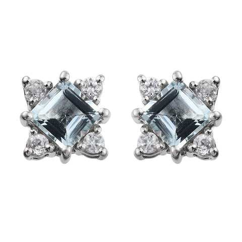 Rhodium Plated Sterling Silver Earring With Polished Aquamarine And Natural White Zircon Gemstones - Fashion Apparel 