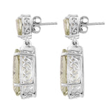 Drop-Style Rhodium Plated Sterling Silver Earring With Polished Prasiolite, And Natural White Zircon - Fashion Apparel 