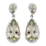Drop-Style Rhodium Plated Sterling Silver Earring With Polished Prasiolite, And Natural White Zircon - Fashion Apparel 