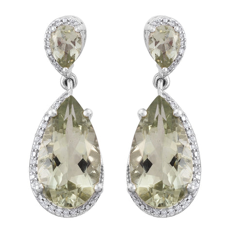 Drop-Style Rhodium Plated Sterling Silver Earring With Polished Prasiolite, And Natural White Zircon - Fashion Apparel 