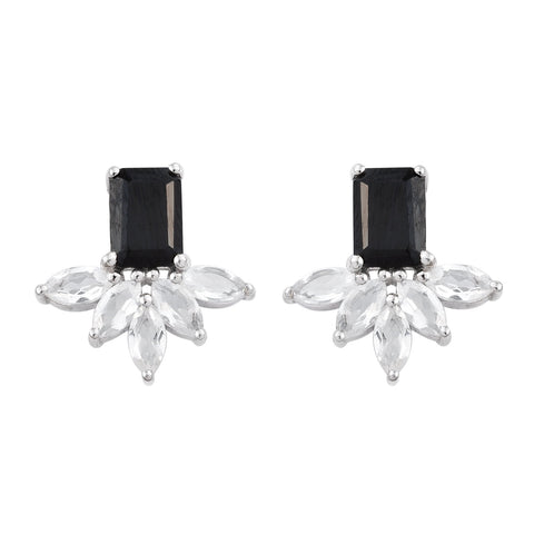 Studded Rhodium Plated Sterling Silver Earring With Black Spinel, White Topaz - Fashion Apparel 