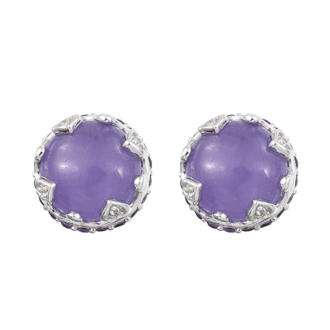 Rhodium Plated Sterling Silver Earring Jeweled With African Amethyst, Purple Jade, And Natural White Zircon - Fashion Apparel 