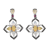 Rhodolite Garnet, Opal Sterling Silver Earrings With Black Spinel Polished With Rhodium. - Fashion Apparel 