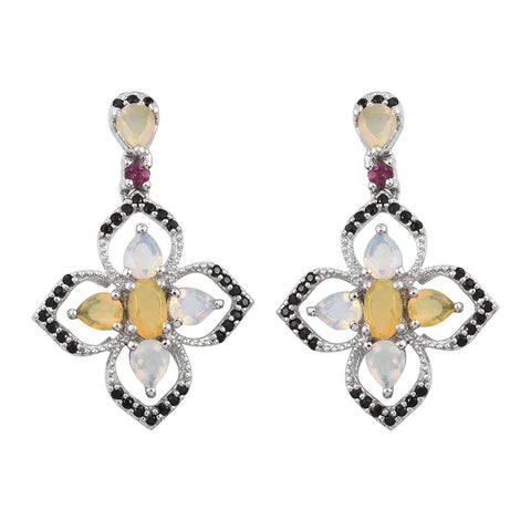 Rhodolite Garnet, Opal Sterling Silver Earrings With Black Spinel Polished With Rhodium. - Fashion Apparel 