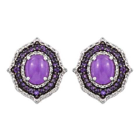 Purple Jade, Amethyst With Natural White Zircon Silver Sterling Earrings Plated With Rhodium. - Fashion Apparel 