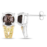 3.75 Carat Genuine Smoky Quartz, Yellow Diamond and White Diamond .925 Sterling Silver Earrings - Fashion Apparel 