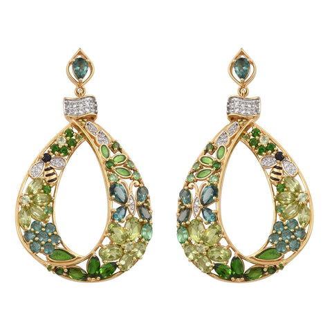 Yellow Gold Rhodium Plated Sterling Silver Earring With Polished Black Spinel, Natural White Zircon, Russian Diaopside, Teal Apatite, Tsavor - Fashion Apparel 