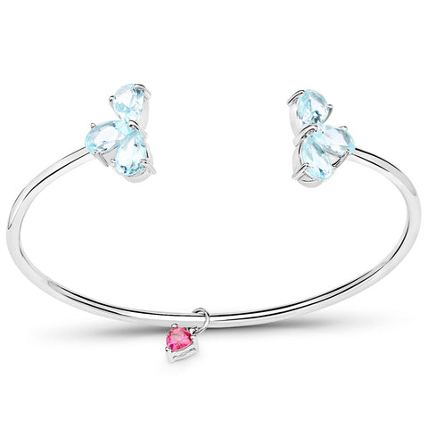 Rhodium Plated Sterling Silver Bangles With Polished Blue Topaz, And Pink Topaz. - Fashion Apparel 