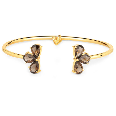 925 Sterling Silver Bangle With Gold Plating And Polished Smoky Quartz, And Citrine. - Fashion Apparel 