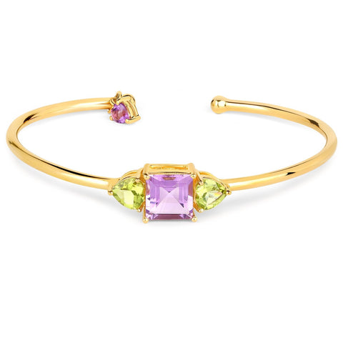 Exquisite Gold Plated Sterling Silver Bangle With Polished Brazil Amethyst And Peridot. - Fashion Apparel 